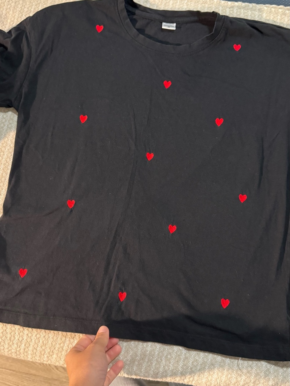 Black Short Sleeve Tee with Red Heart Embroidery